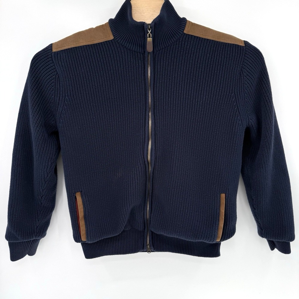 Orvis Cardigan Mens M Navy Blue Full Zip Ribbed Suede Shoulder Patch Sweater